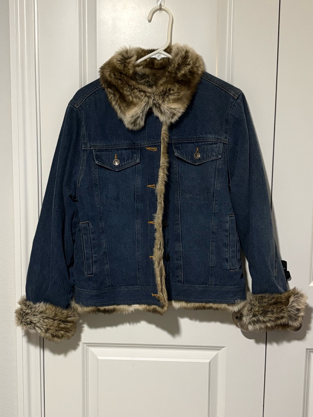 Fabio Blue Denim Faux Fur Lined Button Front Jacket Size Medium